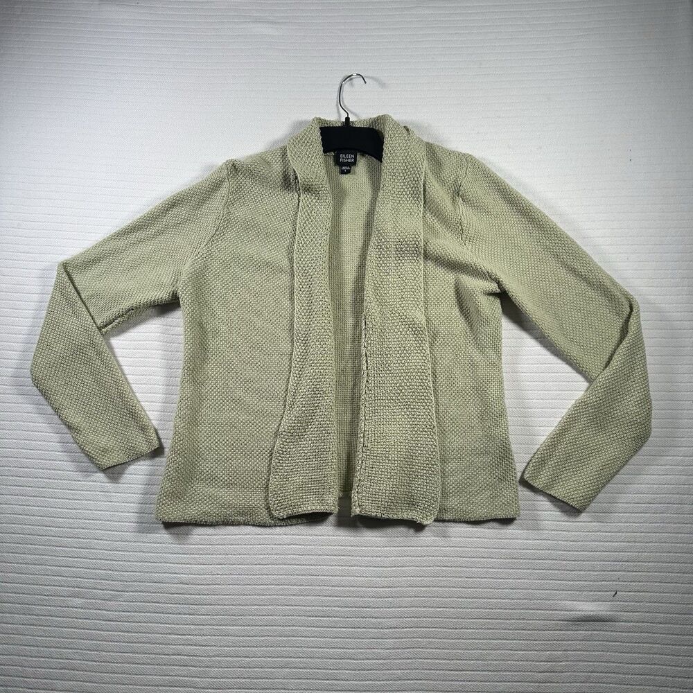 Eileen Fisher Women’s Large Green Cardigan Linen Cotton Blend Open Front Knit